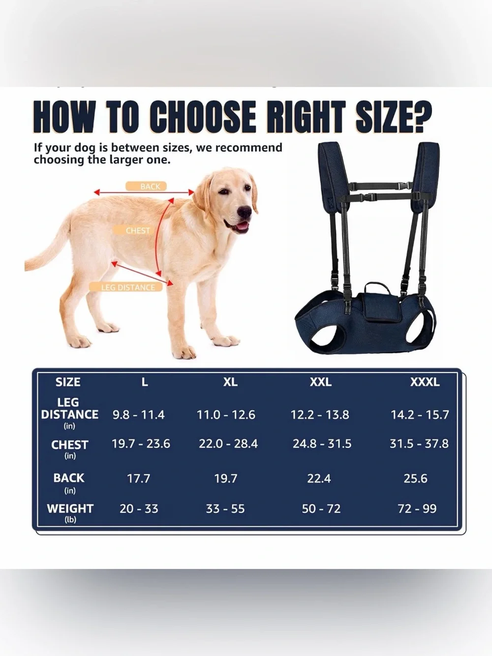 Dog Lift Harness, Navy, XL (35-55 lbs), Full Body Sling Carrier, Adjustable Stra